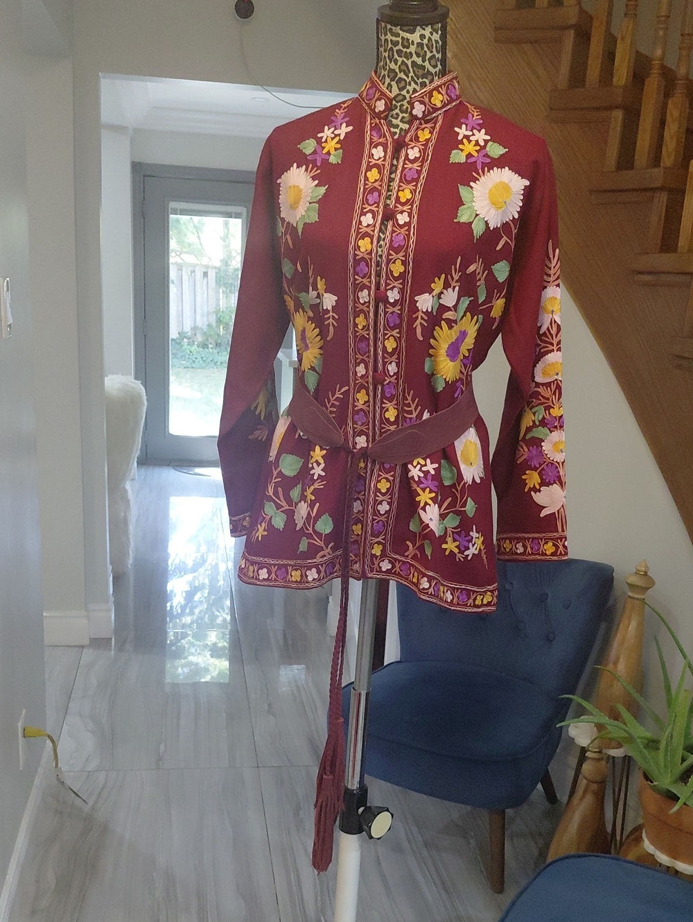 Floral Embroidered Burgundy Belted Jacket